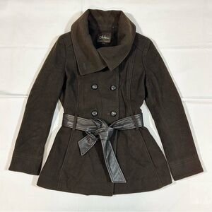 Cole Haan Womens Sz 2 Cashmere Blend Pea Coat Peacoat Jacket Leather Belt Brown